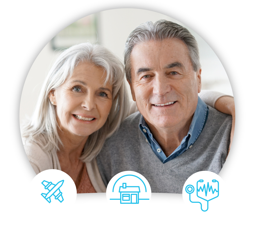 Couple smiling with icons about health insurance